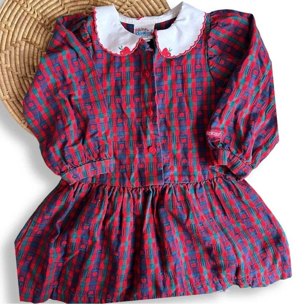 Vintage Oshkosh B’Gosh 90’s Apple Novelty Print Peter Pan Collar Button Dress 2T